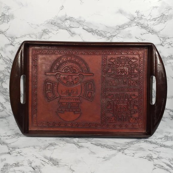 Handmade Wood Embossed Leather Mayan Serving Tray Vintage - Picture 10 of 10